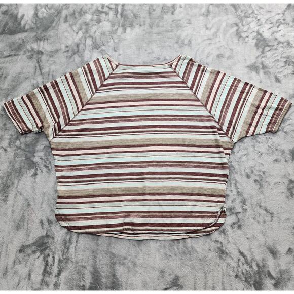 Woolrich Top Womens L Brown Blue Striped Scoop Neck Short Sleeve Kangaroo Pocket - Picture 2 of 8